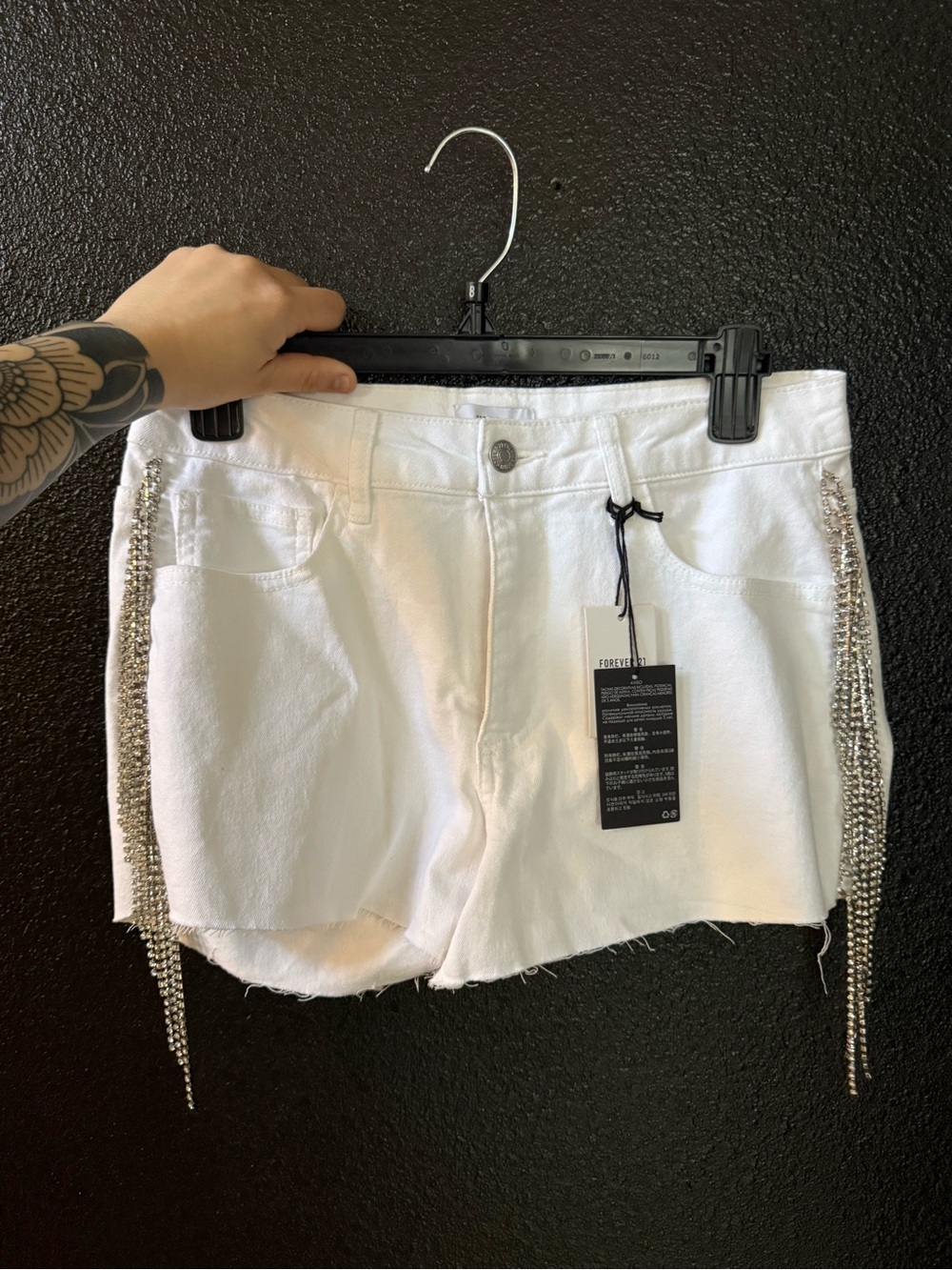 Forever 21 White Denim Shorts with Silver Rhinestone Tassels